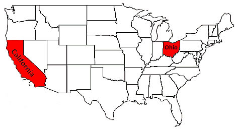 Black and white map of United States, with California and Ohio colored in red.